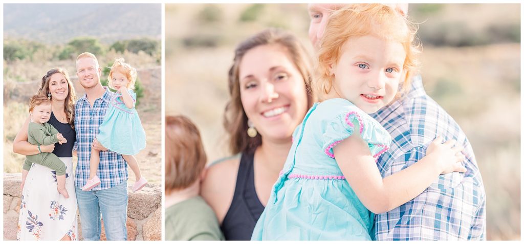 Beautiful blue eyed girl smiling at Juan Tabo Cabin during this Albuquerque family photography session.