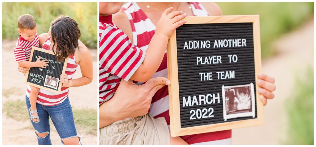 Soon-to-be big brother holds a letter board with a pregnancy announcement