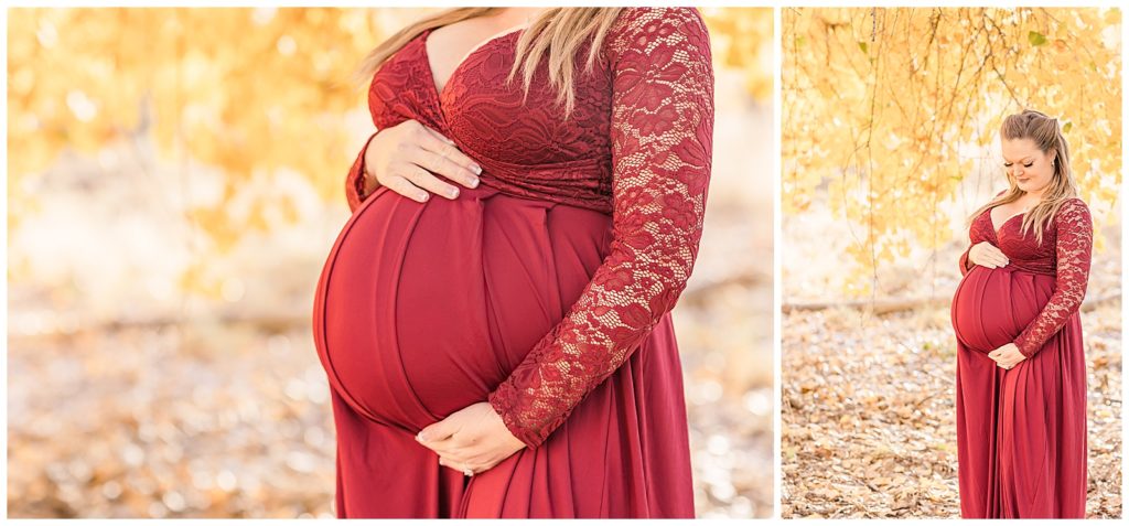 Military wife admires her baby bump during a maternity session