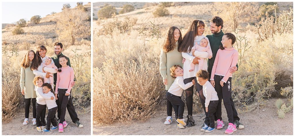 Family of seven laughs during a New Mexico family photography session
