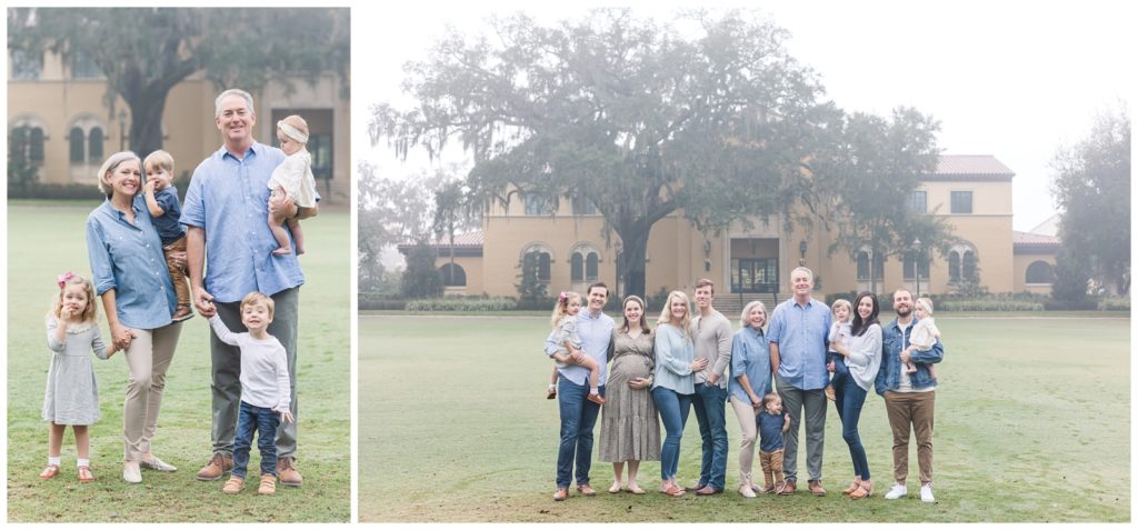 Extended family posing for photos in the fog