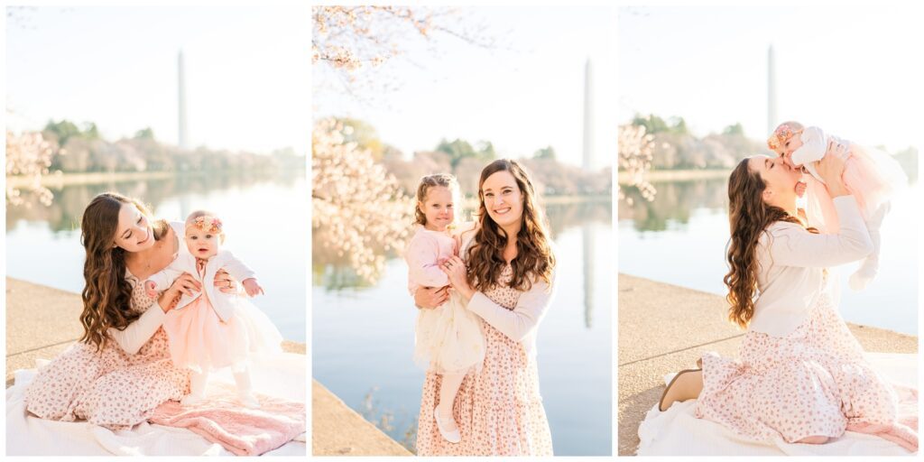 Mom holding baby girls at a cherry blossom family photo session