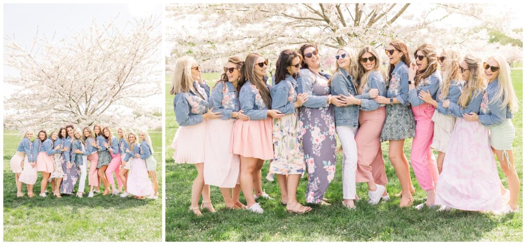 Bachelorette party in front of cherry trees in DC