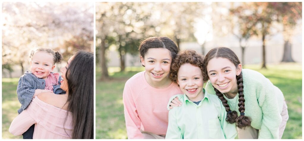 Baby and siblings smiling with the DC cherry blossoms