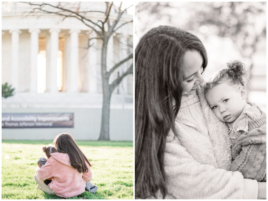 Mom holding her kids overlooking the Jefferson Memorial