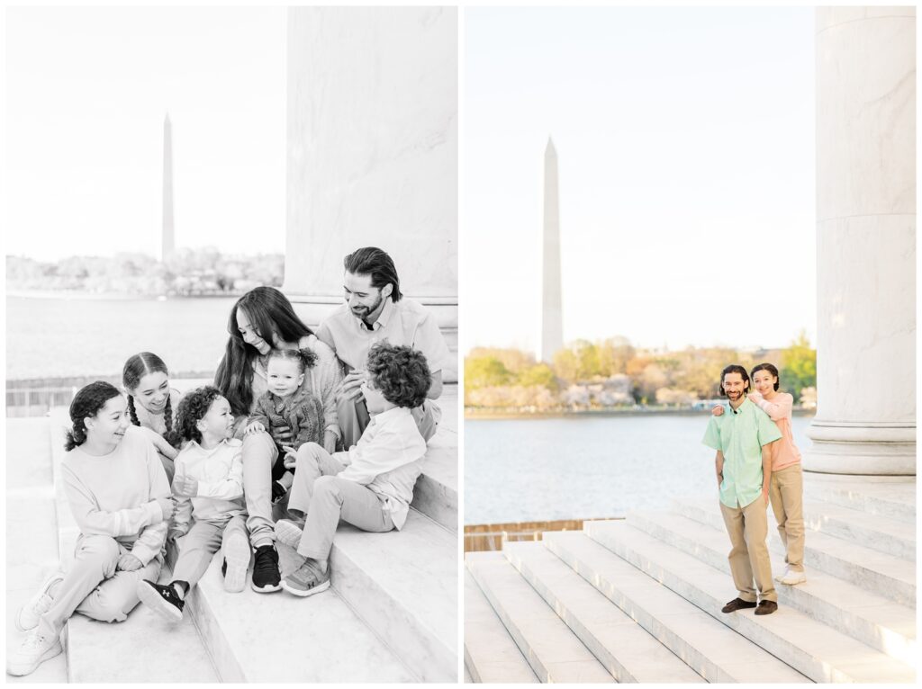 Family smiling on the Jefferson Memorial looking at the Washington Monument
