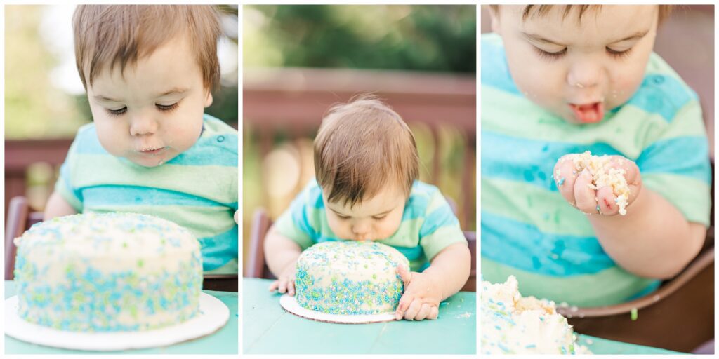 Baby boy eating cake at Virginia cake smash sessiono