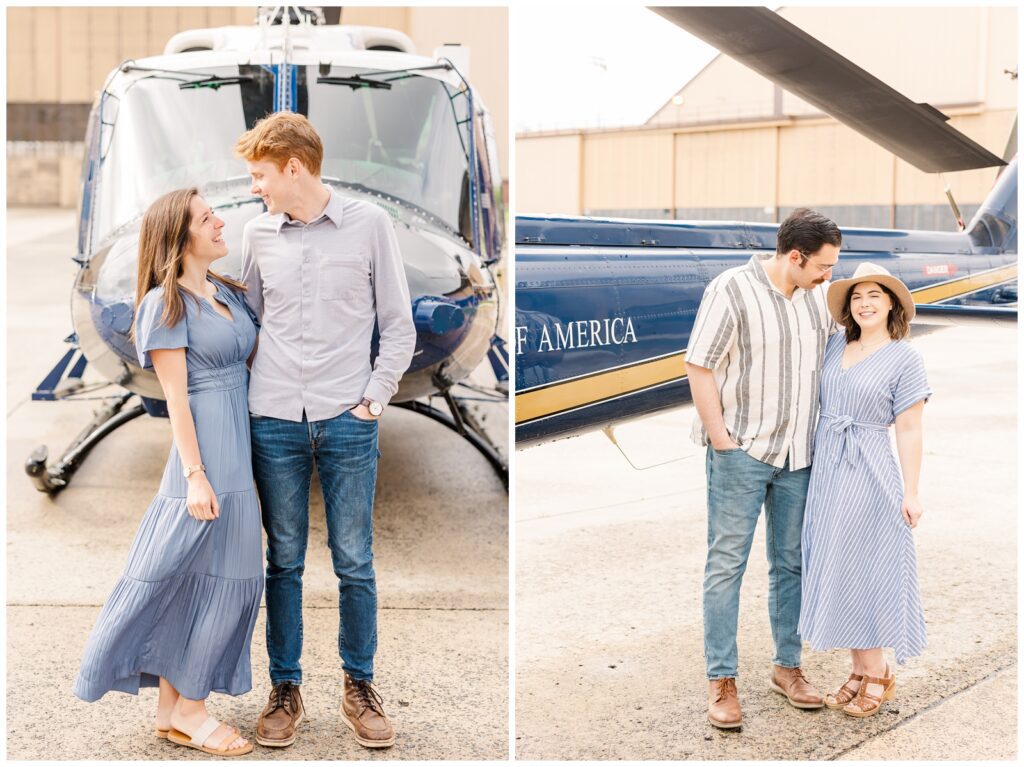 Couples standing in front of a helicopter for Huey family photos