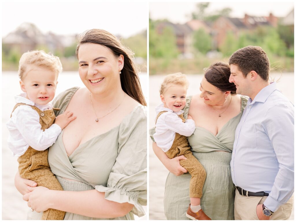 Parents holding wiggly toddler during military family photos