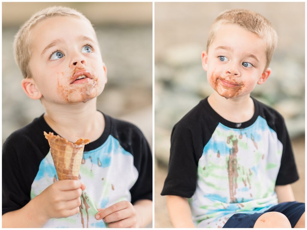 Little boy covered in chocolate ice cream