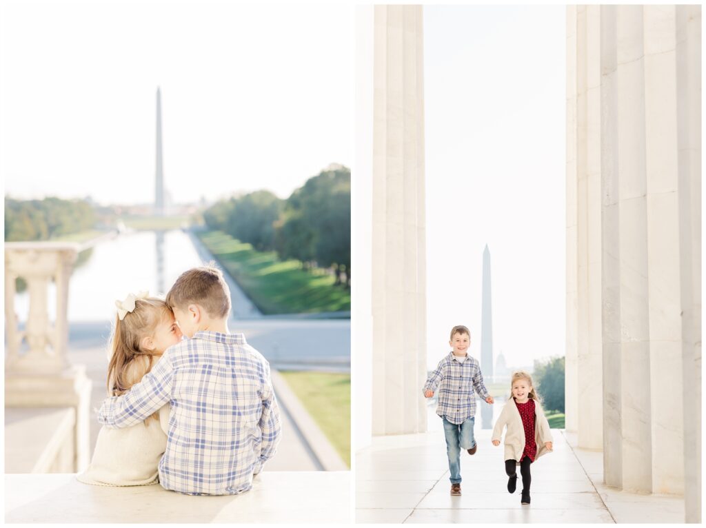 Siblings smiling for family photos at the Lincoln Memorial