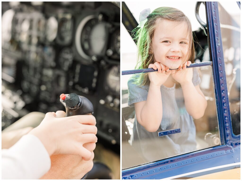 Dad and son's hands on helicopter controls; little girl smiling out the window of a helicopter