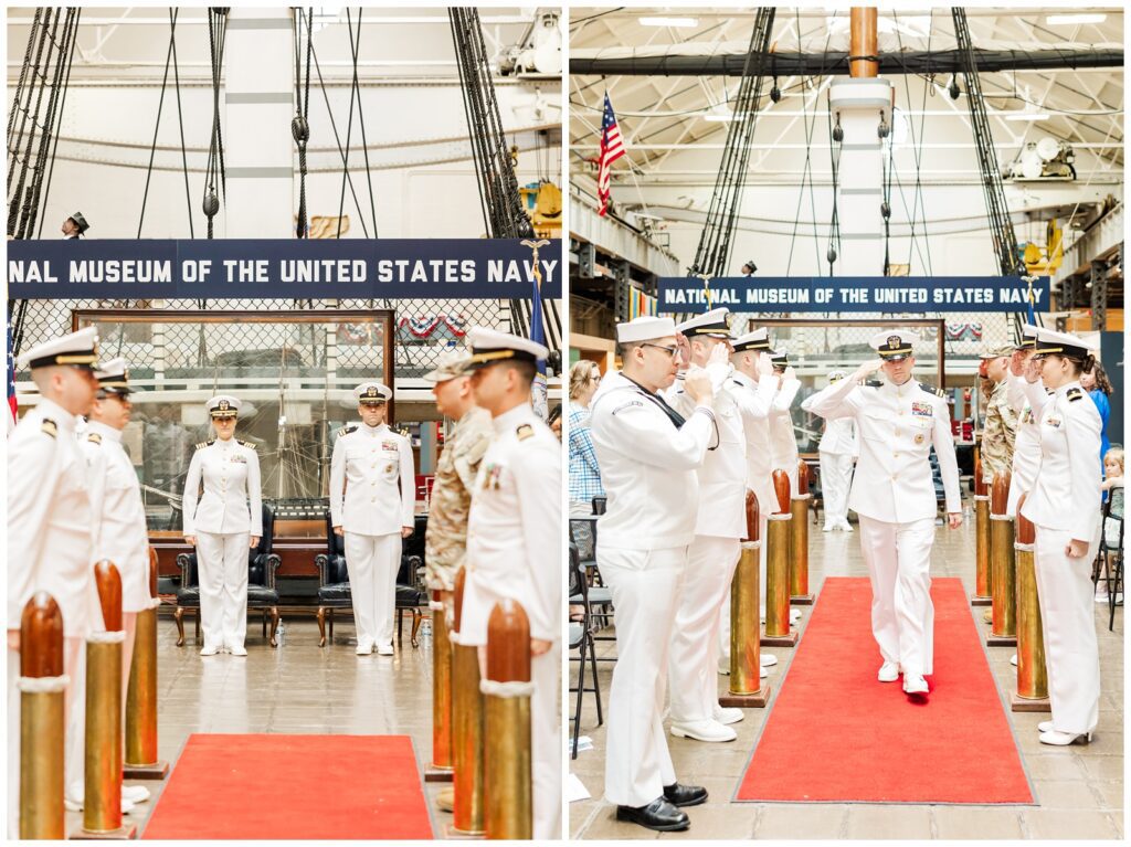 Retired Naval officer exiting the retirement ceremony