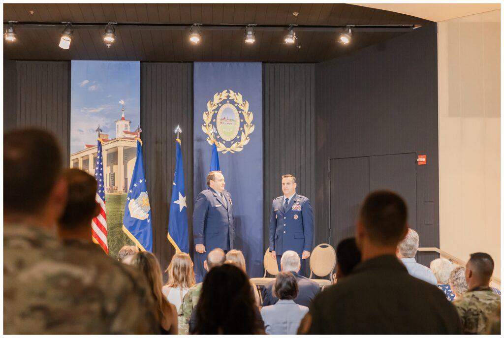 Air Force generals on stage at Air Force retirement ceremony