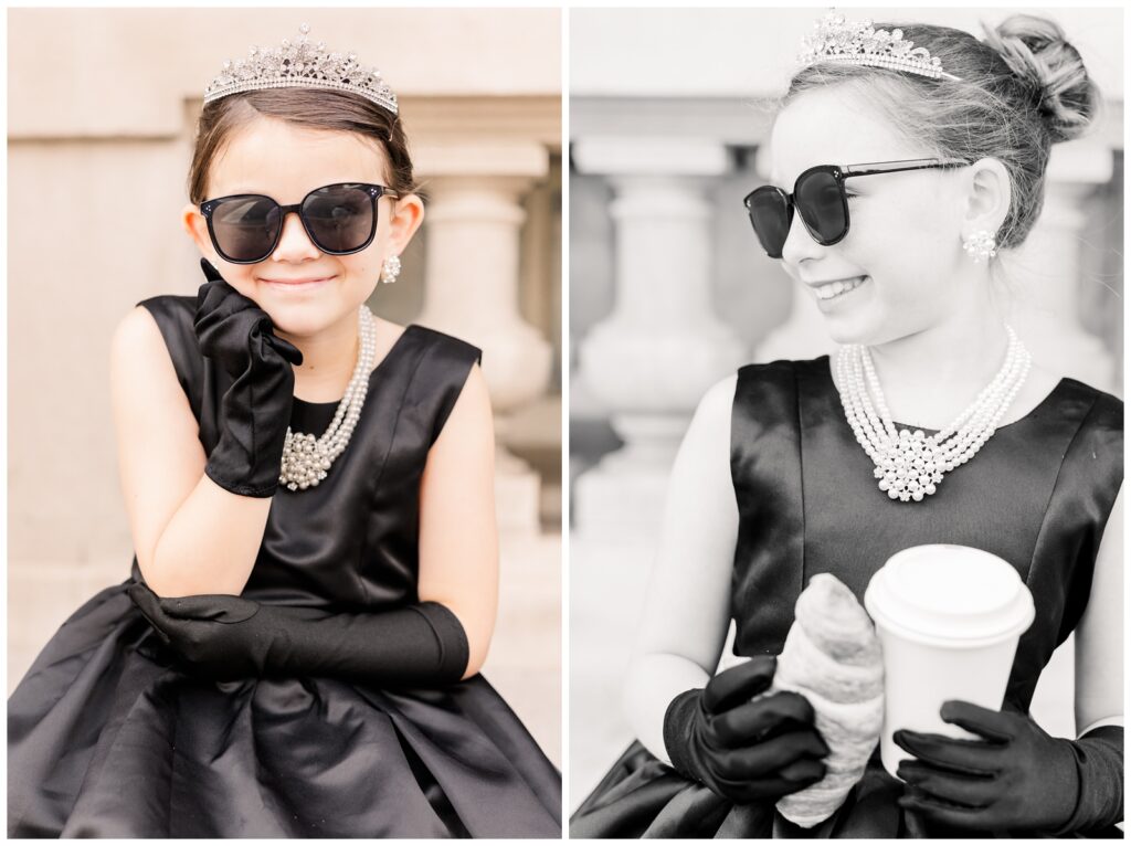 Sisters smiling at Breakfast at Tiffany's themed photoshoot