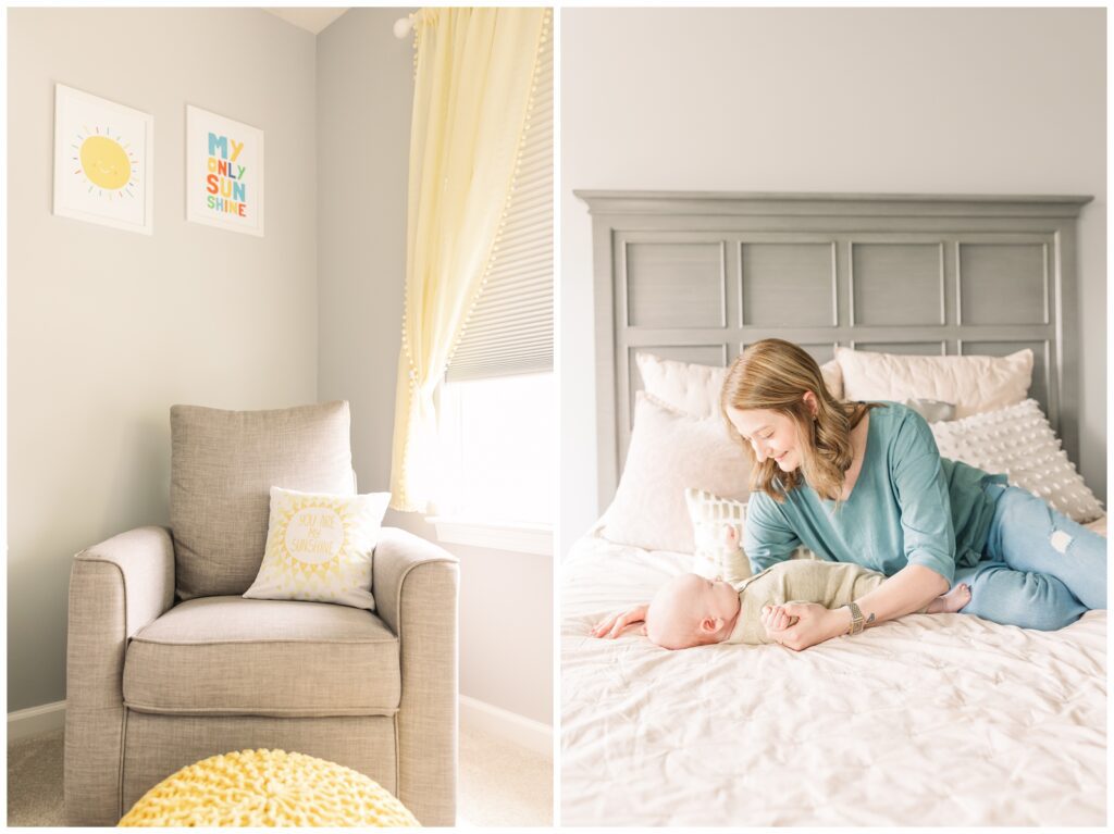 Mom laying on bed with newborn during lifestyle newborn photography session