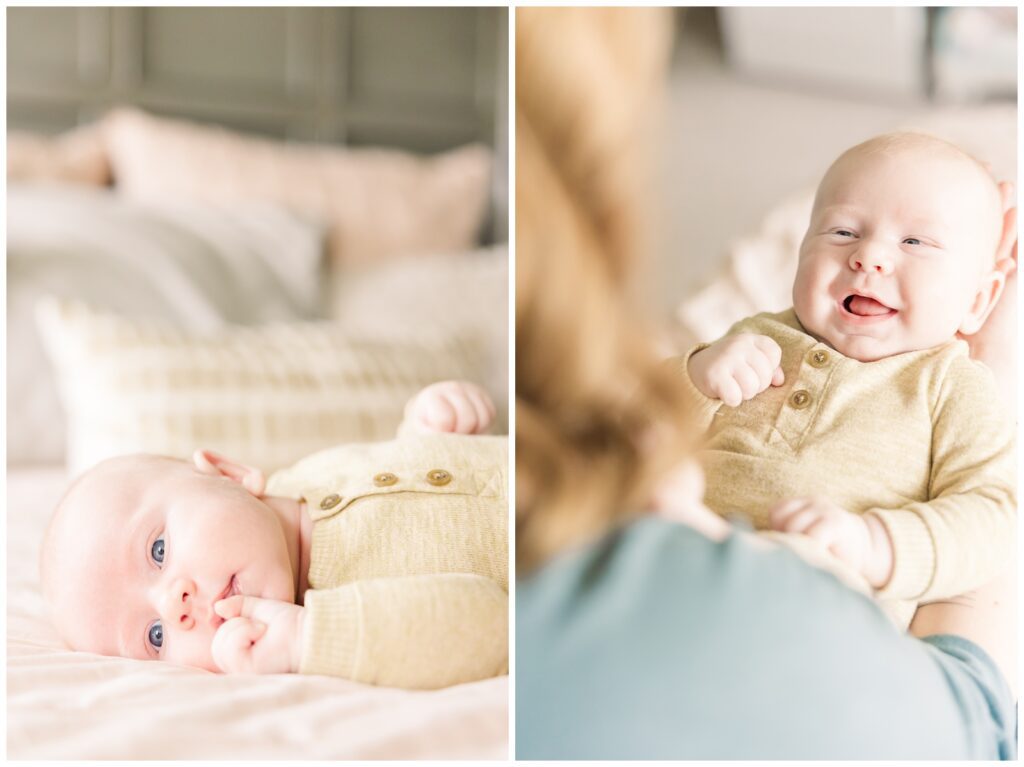 Baby looking alert during lifestyle newborn photography session