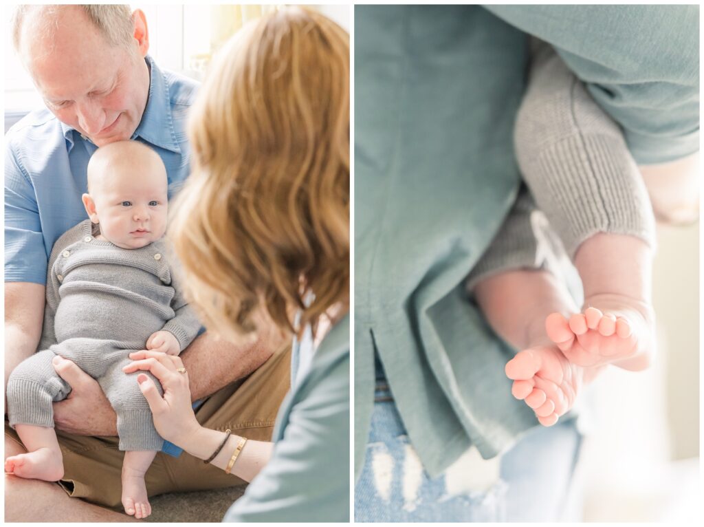 Baby sitting with grandpa while looking at mom during lifestyle newborn photography session
