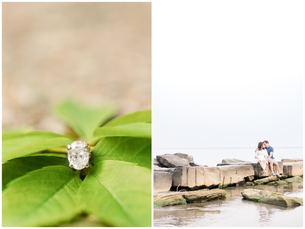Couple sitting forehead to forehead on rocks at Lake Erie