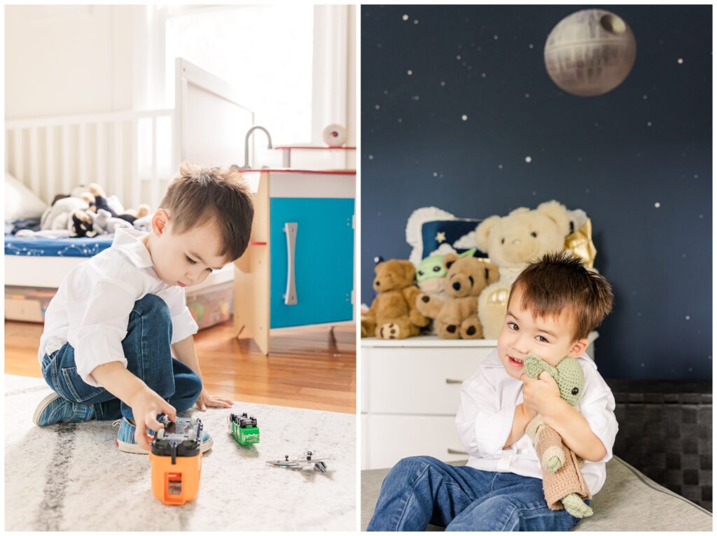 Little boy playing with his toys in his room during his sister's Alexandria newborn photography session