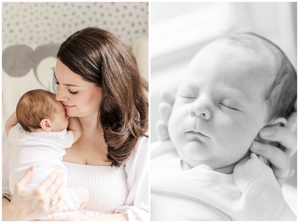 Mom holding her sleeping baby during lifestyle newborn photography session