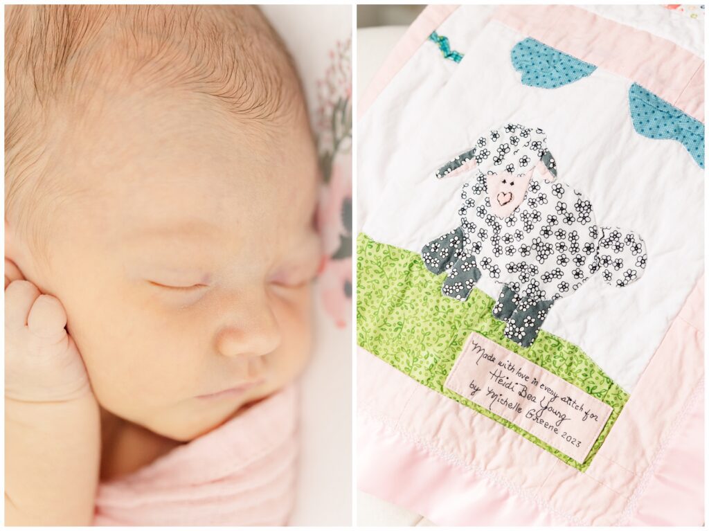 Sleepy baby girl and handmade animal quilt