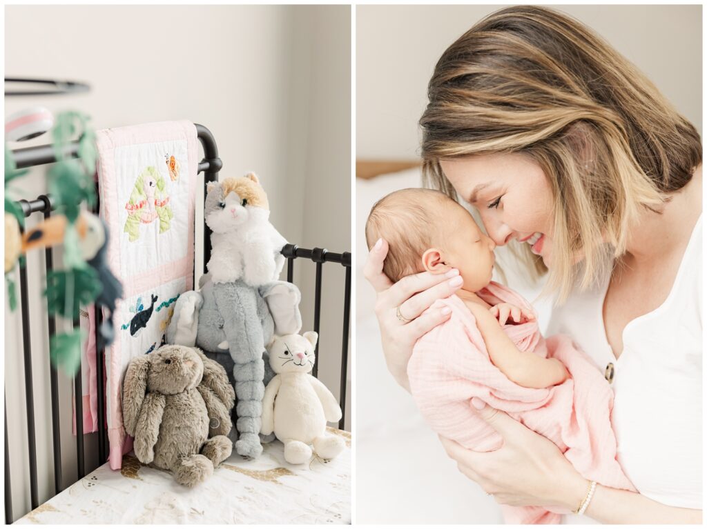 Nursery details and mom resting nose-to-nose with baby girl