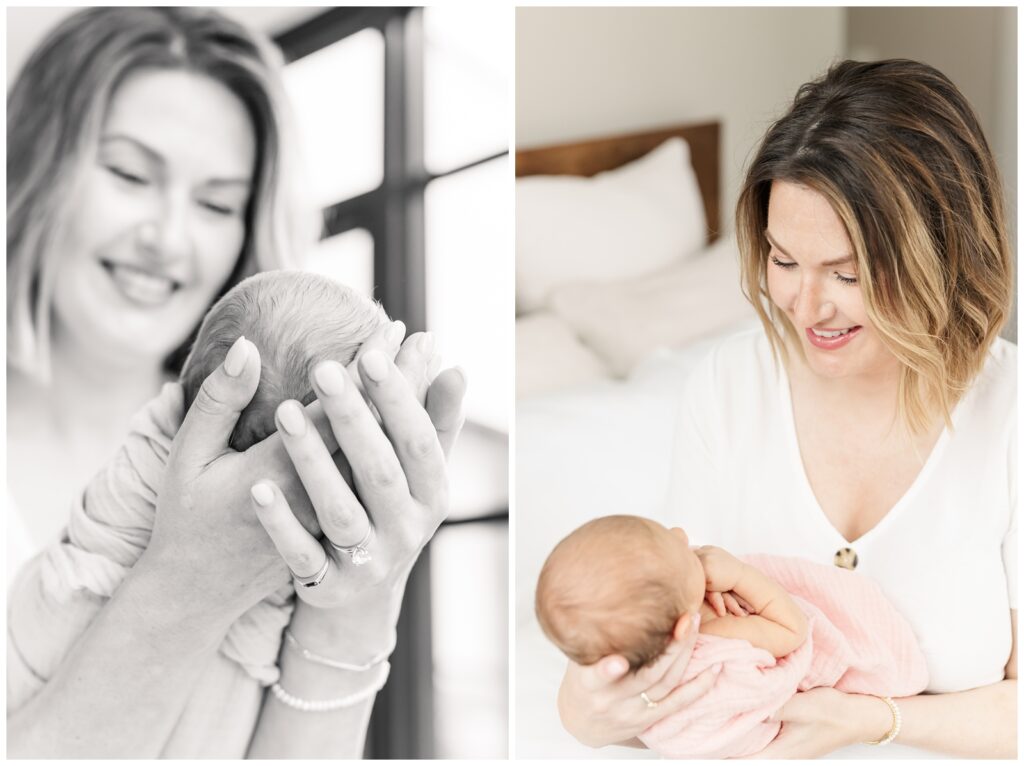 New mom holding her baby girl during her Old Town Alexandria newborn photography session
