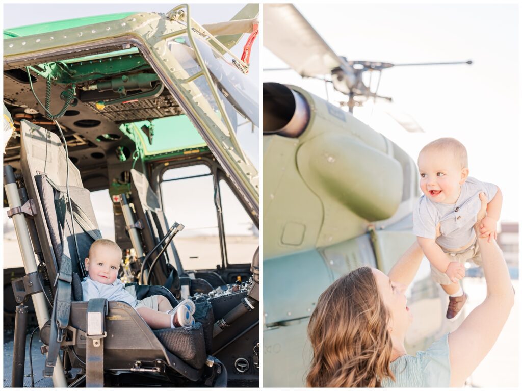 Air Force kiddo sitting in a helicopter; taken with Canon RF 28-70mm f/2.0