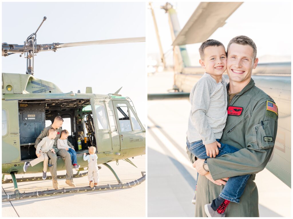 Air Force dad playing in the helicopter with his kids
