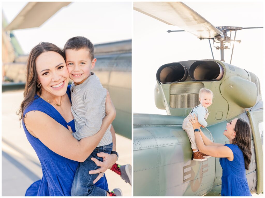 Air Force wife with her boys and a Huey during flight line family photos