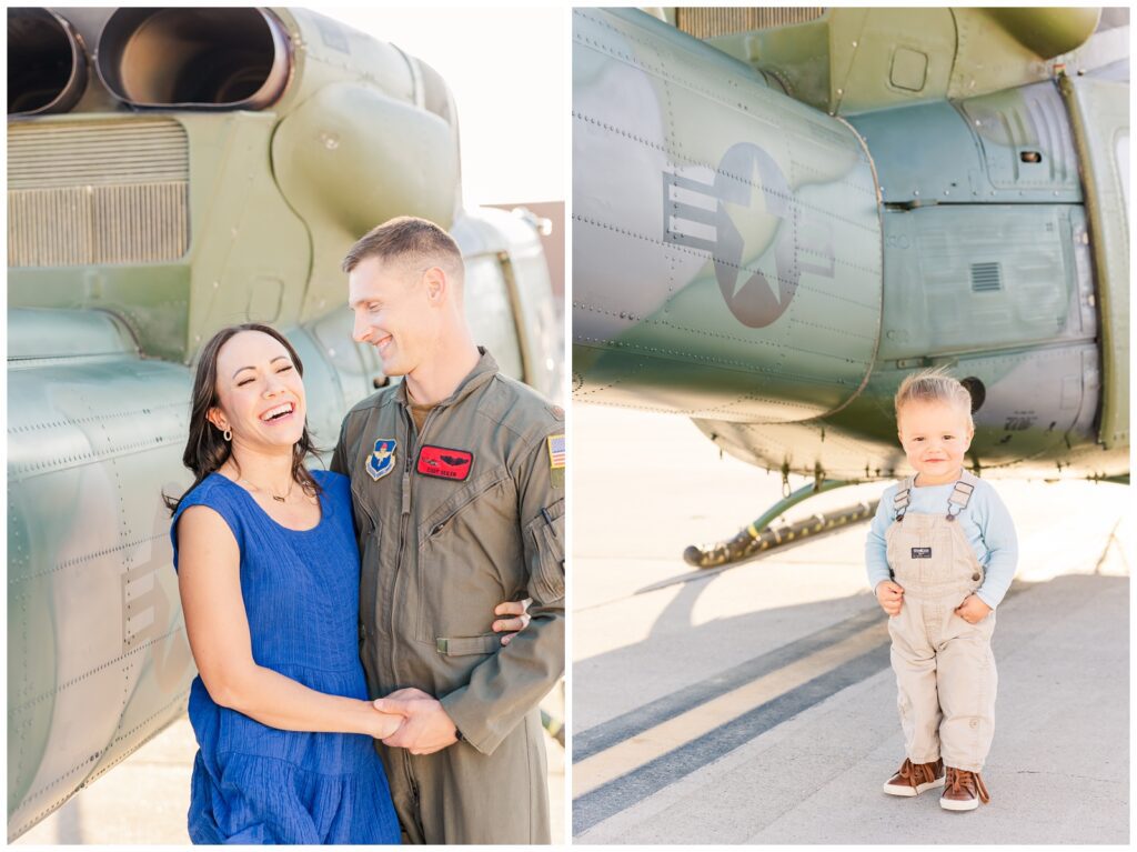 Air Force pilot and his wife laughing during flight line family photos