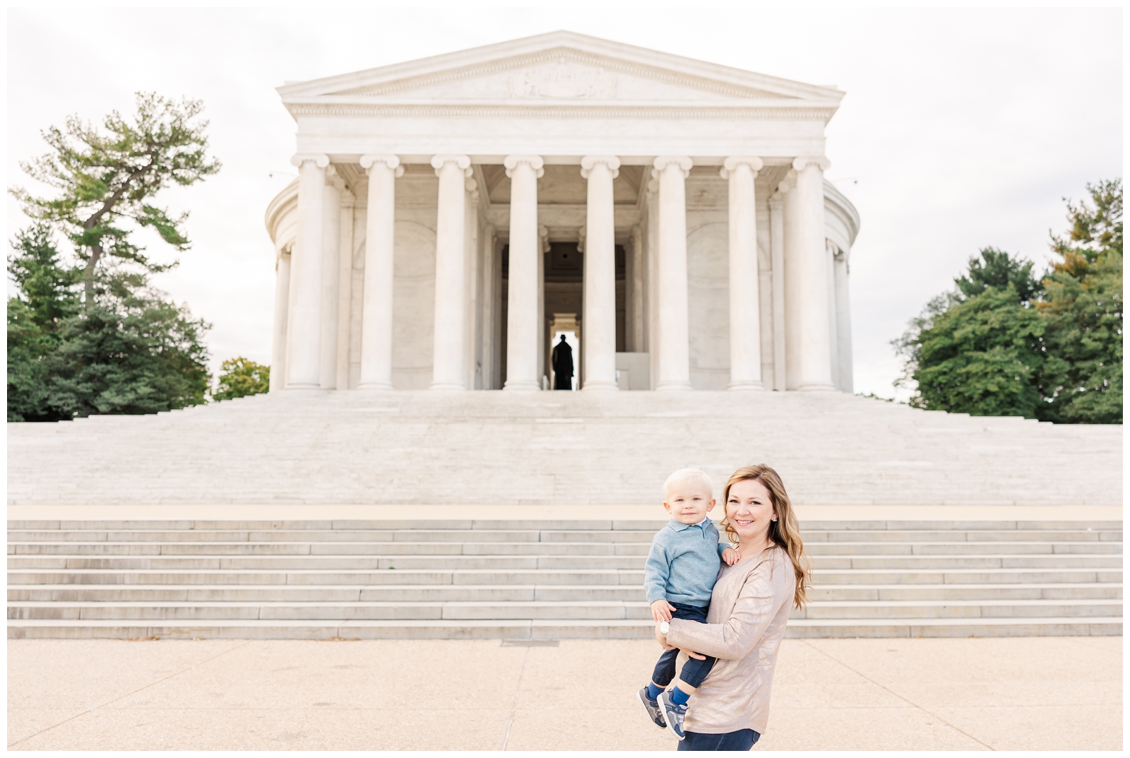 Mom and son in front of the Jefferson Memorial