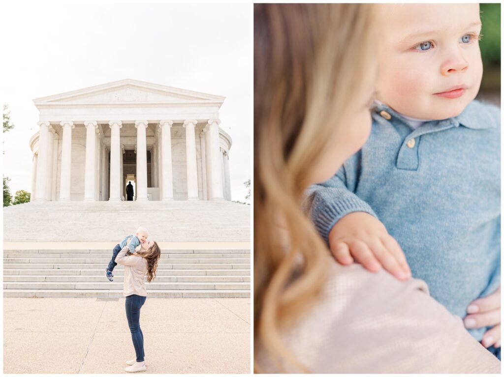 Mom holding son in the air at a Jefferson Memorial photo session