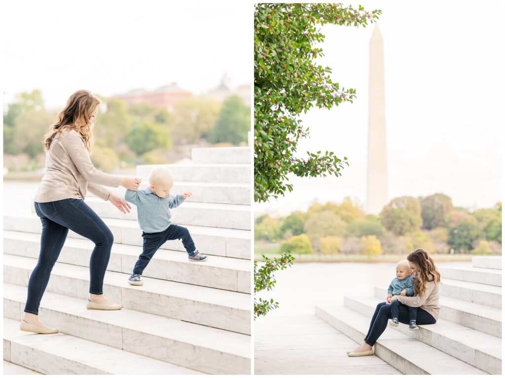 Mom holding toddler's hand while walking up the Jefferson Memorial steps