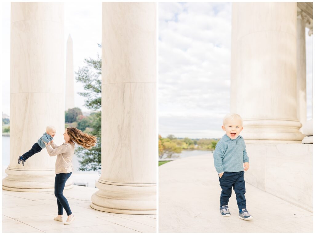 Mom and baby swinging around the Jefferson Memorial during a photo session