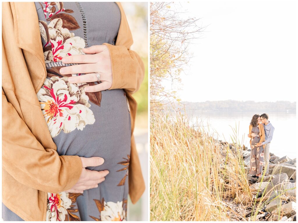 Couple standing next to the Potomac River during their session with Erin Thompson, an Alexandria maternity photographer