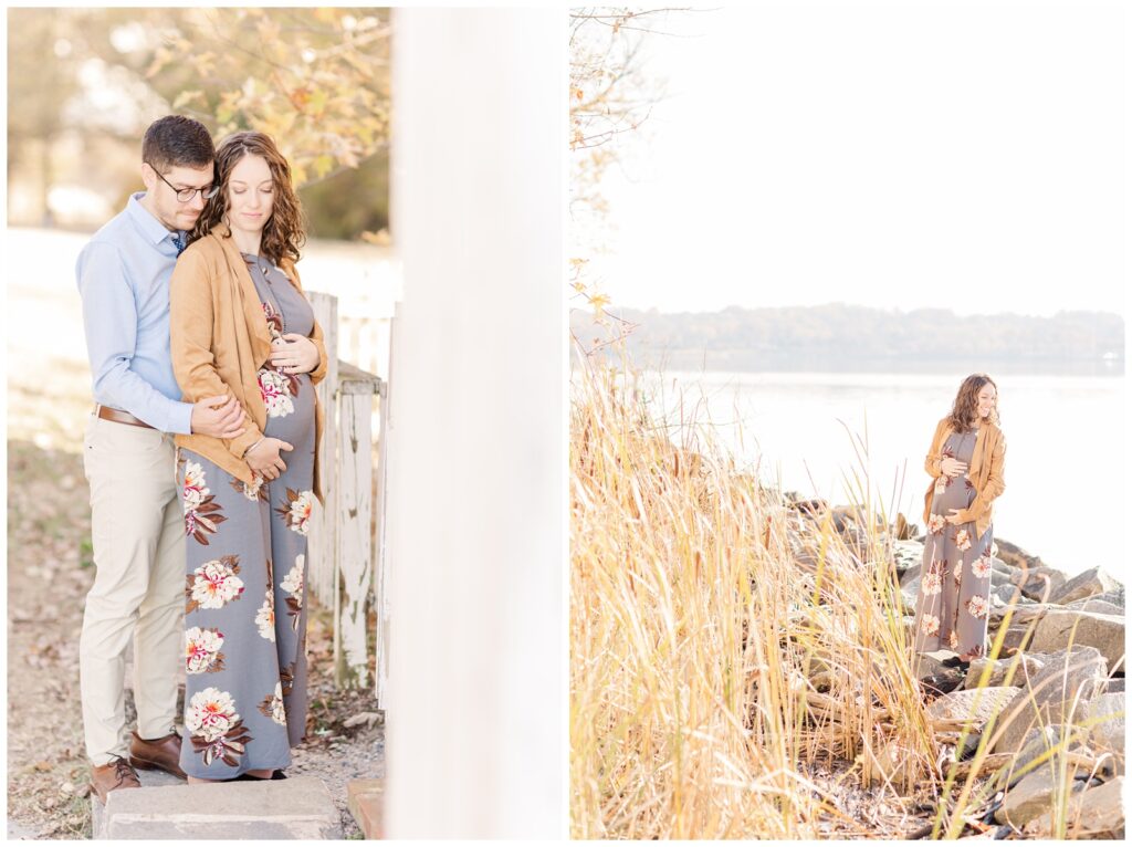 Expectant couple gazing down towards baby bump during their session with Erin Thompson, an Alexandria maternity photographer