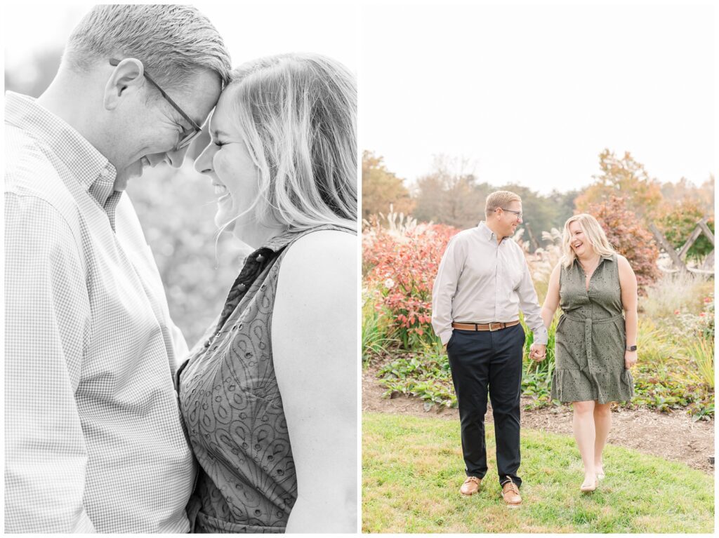 Couple smiling and laughing during a fall mini session
