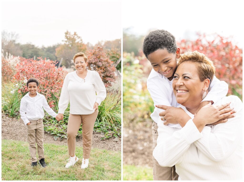 Mother and son smiling and laughing during a fall mini session
