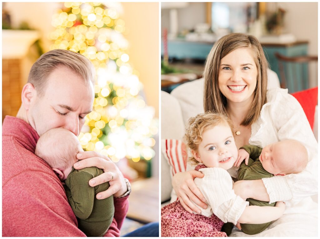 Dad snuggling baby boy during their Christmas newborn session