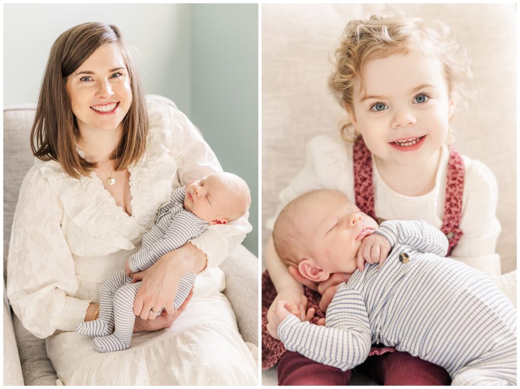 Mom and big sister holding baby boy during their Christmas newborn session