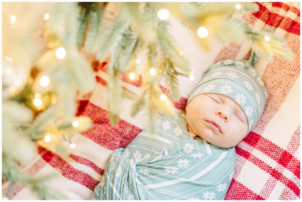 Baby sleeping under the tree during his Christmas newborn session