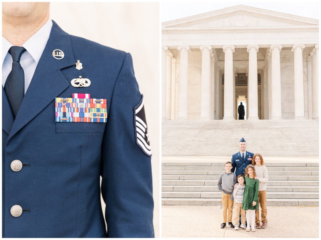 Air Force uniform in front of the Jefferson Memorial