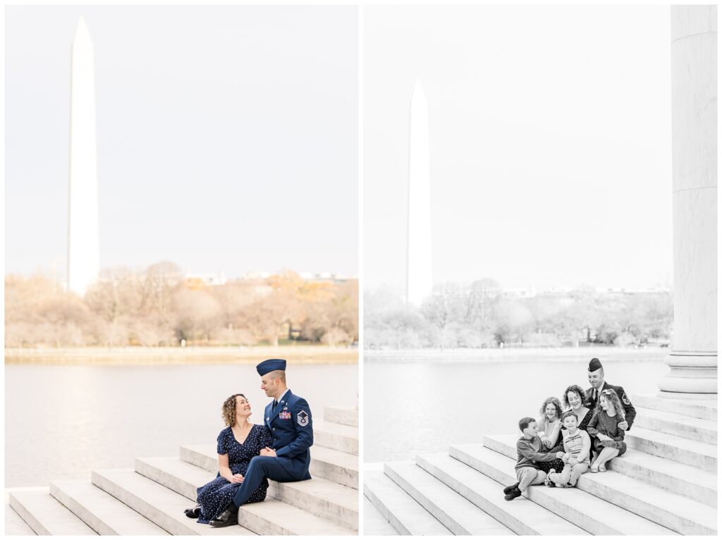 Family sitting on the steps of the Jefferson Memorial overlooking the Washington Monument