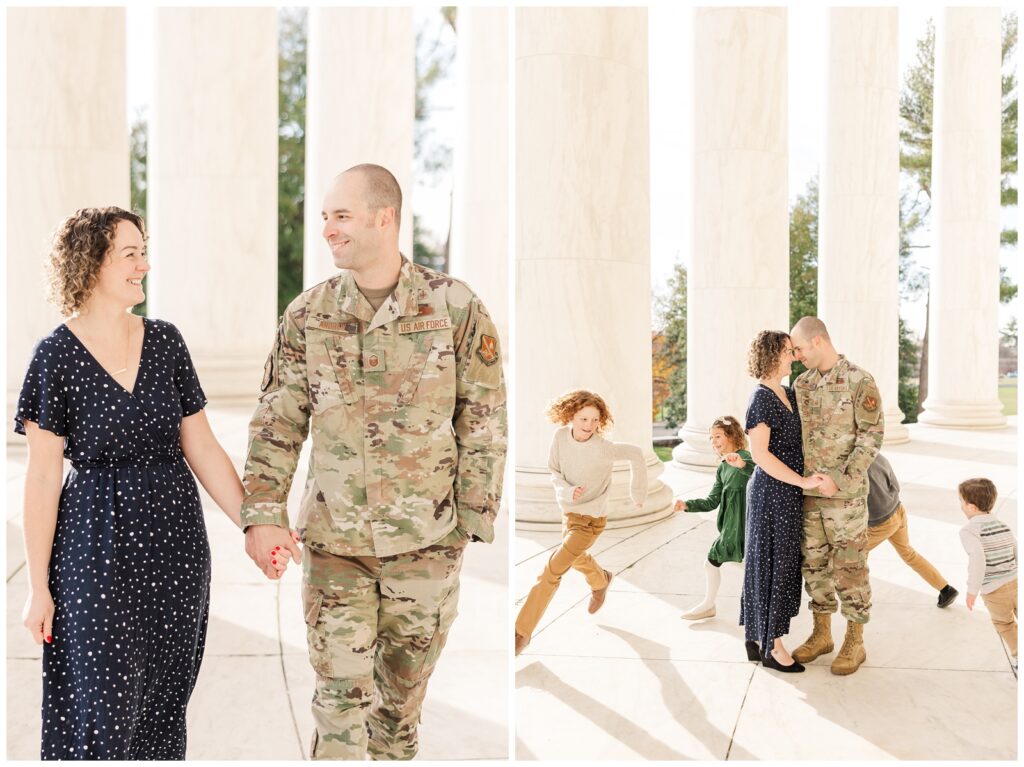 Kids running around their sweet parents during their Jefferson Memorial family session