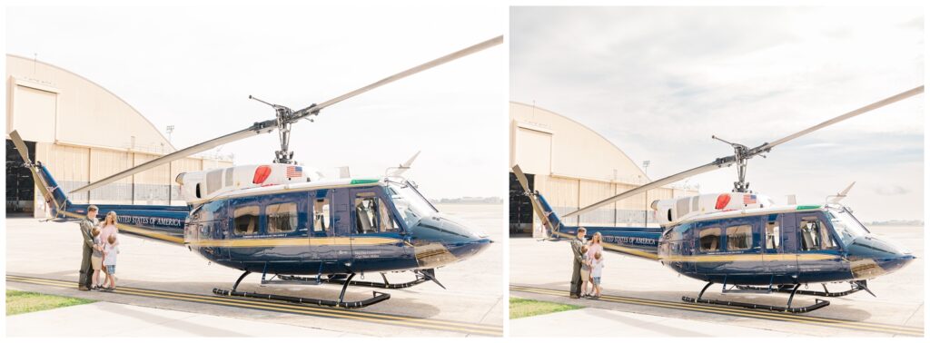Side by side image of a family near a helicopter edited with AI tools.