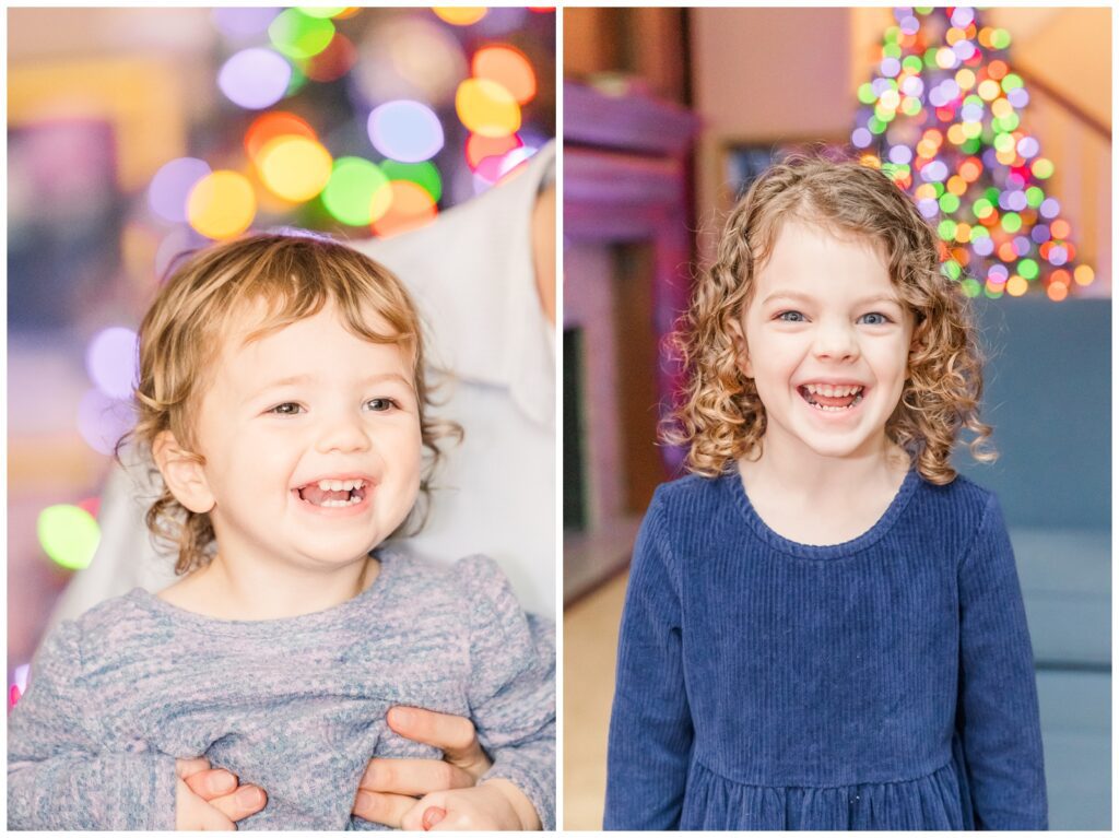 Sisters smiling in front of the Christmas tree