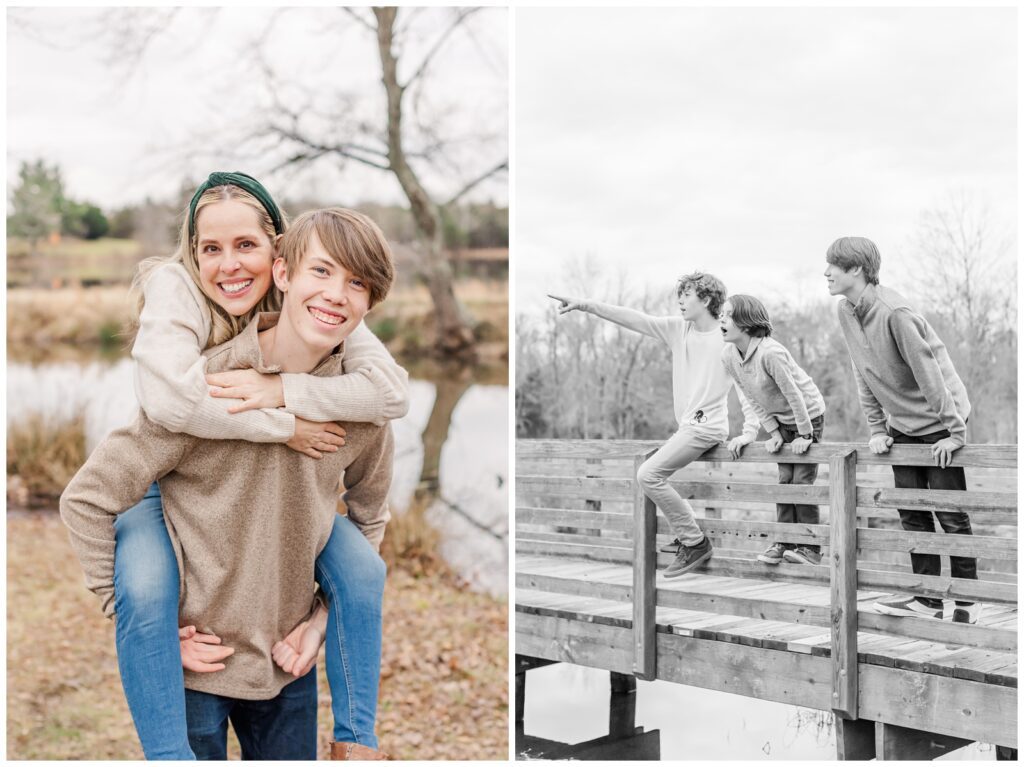 Nephew giving his aunt a piggy back ride during NOVA extended family photos