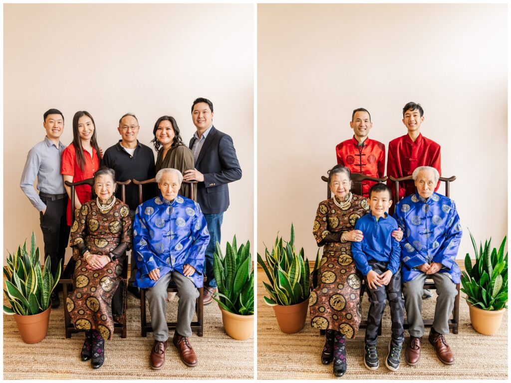 Formal portrait of Chinese grandparents with their children and grandchildren